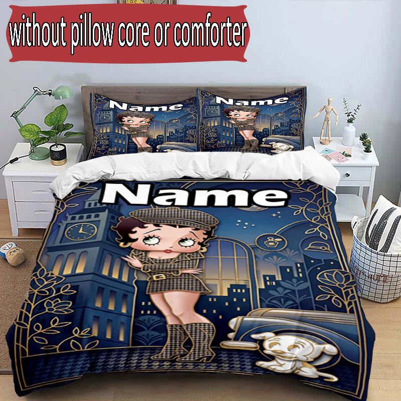 3pcs Duvet Cover Set (1*Duvet Cover + 2*Pillowcase, Without Core), Custom Name Betty Boop Pattern Bedding Set, Home Bedroom Decor Gift