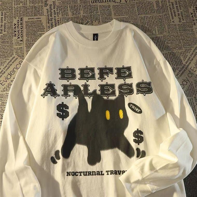 Grunge Cat Tshirts Women Harajuku Korean Fashion Oversize Long Sleeve T Shirts Female Hip Hop Vintage Gray Top Loose