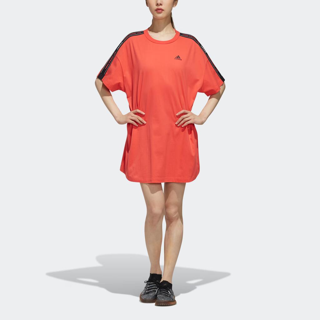 Adidas SS Dress Tape Simple Round Neck Letter Brand Logo Short Sleeve Dress Women Dresses Coral-Pink Black FJ6883