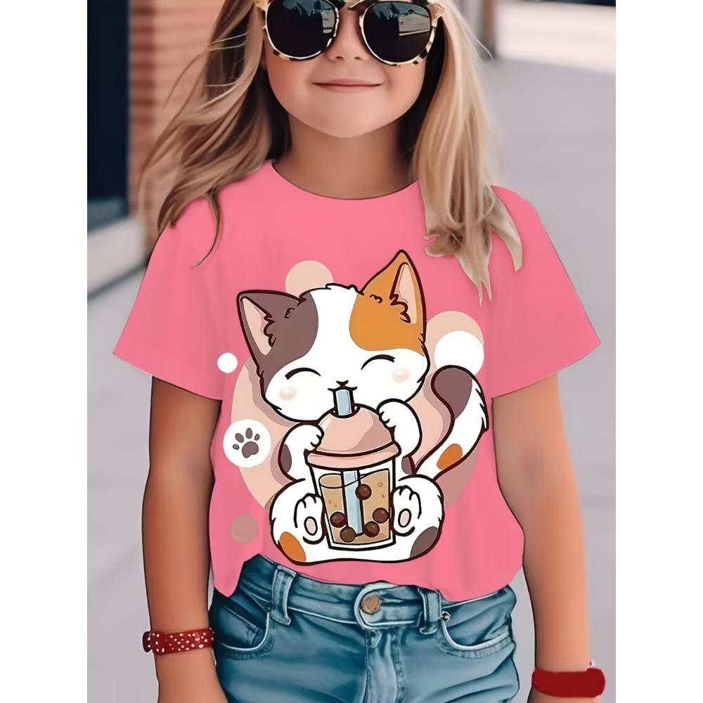 Girls' clothing 3D printed children's T-shirt round neck pullover, girls' short sleeved T-shirt, comfortable children's clothing