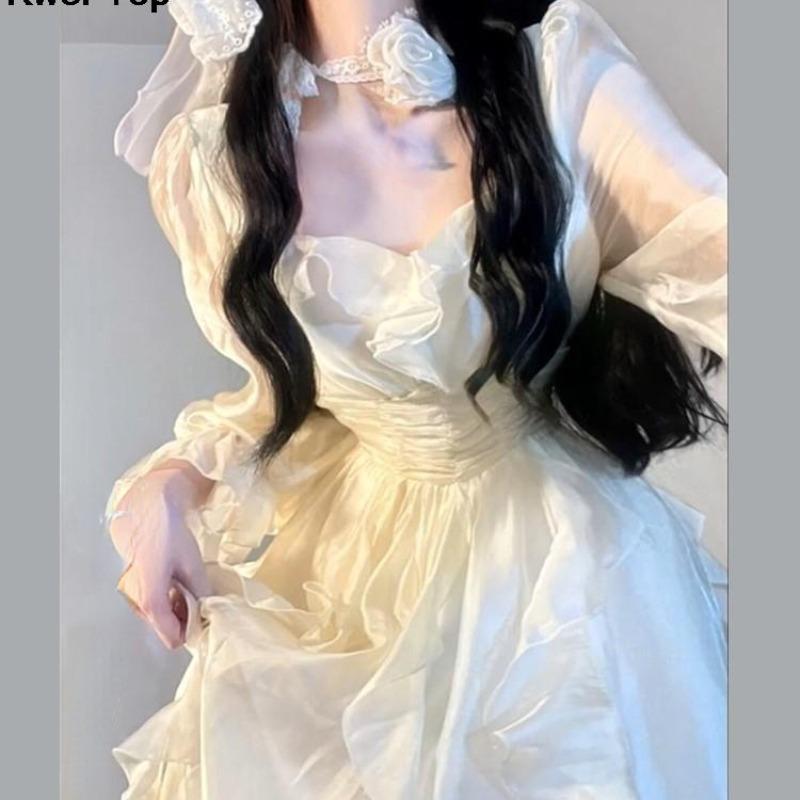 Элегантные однотонные платья феи с оборками, корейская мода, тонкое платье миди трапециевидной формы, весна-лето, женское вечернее платье принцессы, Vestidos