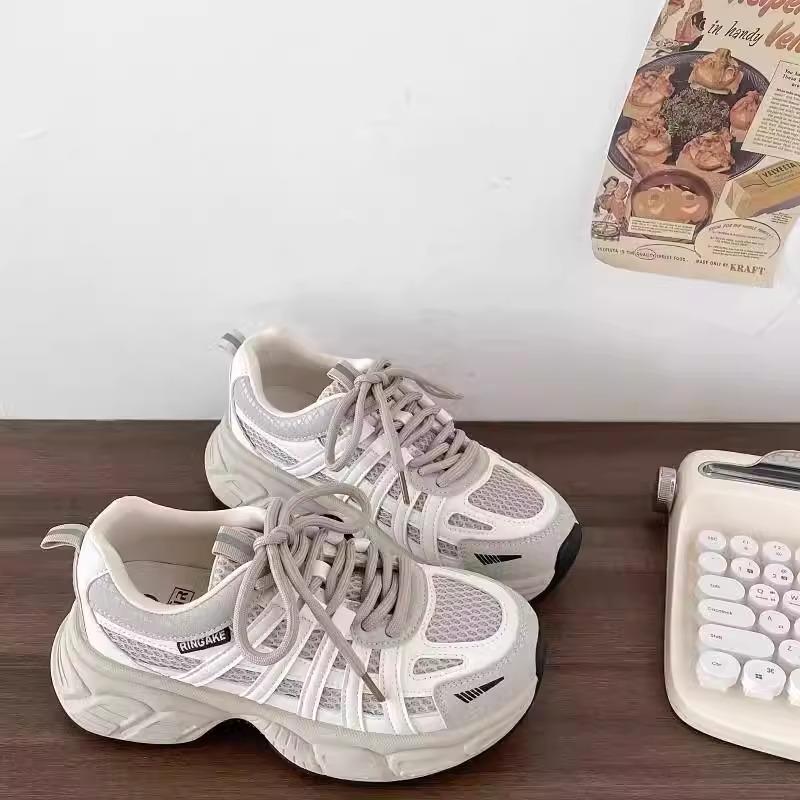 2025 Spring New Popular Thick-soled Heightened Mesh Dad Shoes Women's Color Matching Lace-up Versatile Sports and Leisure Shoes