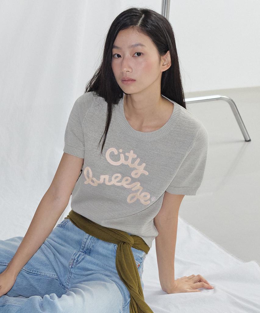 CITYBREEZE Bold Cursive Logo Embroidered Round Neck Short Sleeve Knit_2 Colors
