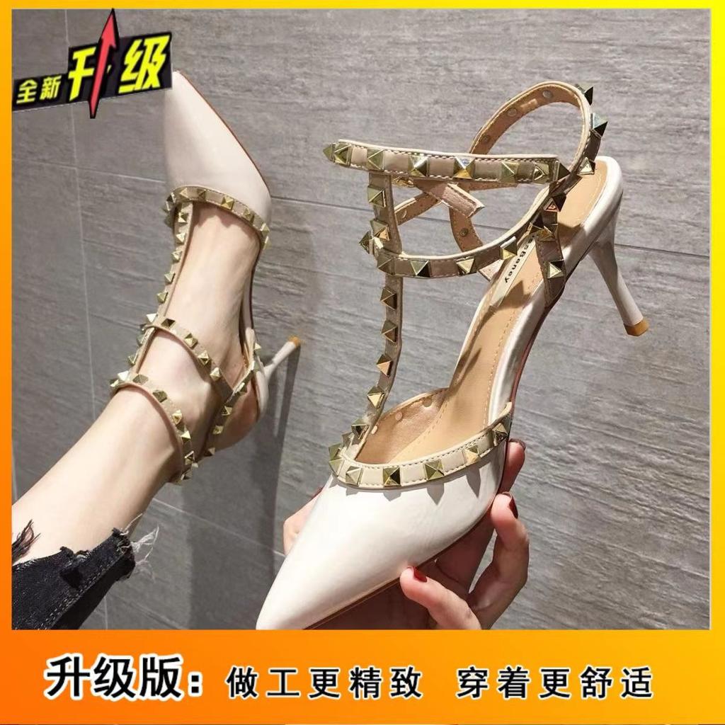 Весна 2024 женские туфли на высоком каблуке с острым носком, на тонком каблуке, босоножки с ремешком на щиколотке, женские туфли с заклепками, свадебные туфли, средний каблук, туфли-лодочки, большой размер