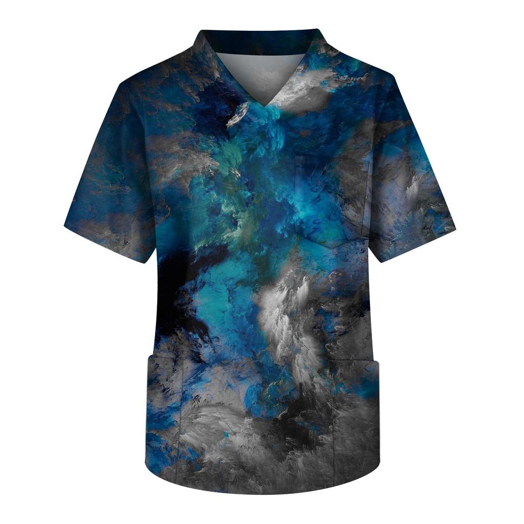 Мужская рабочая блузка с короткими рукавами и v-образным вырезом с принтом, топ с нагрудным карманом