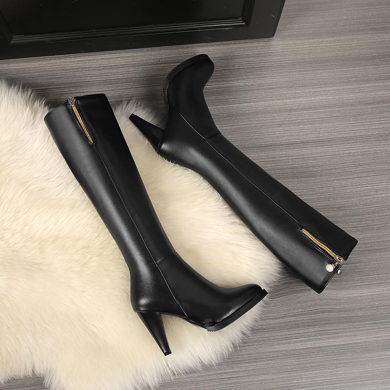 Women's High-heeled Boots Autumn and Winter New Style European and American Style Slim Heel Solid Color Plus Size Mid Length Boots