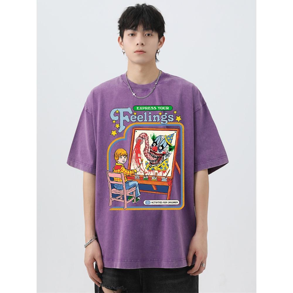 Express Your Feelings Draw A Clown Washed Retro Male T Shirt Comfortable T-Shirts Summer Cotton Clothing Loose Clothes