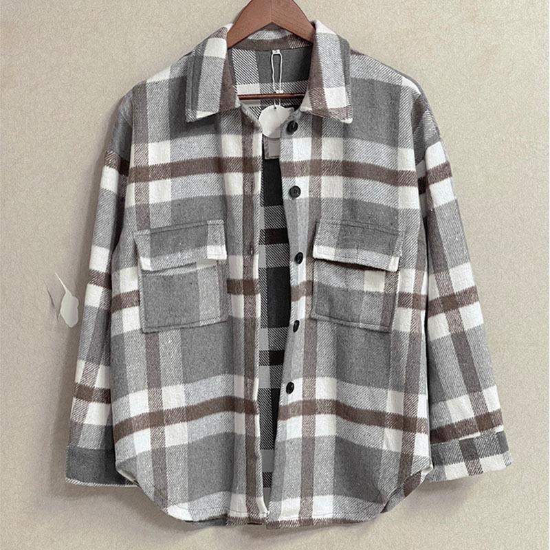 Женская повседневная клетчатая куртка с длинным рукавом и лацканами, осенняя утолщенная фланелевая рубашка с пуговицами, свободное теплое шерстяное пальто с двумя карманами