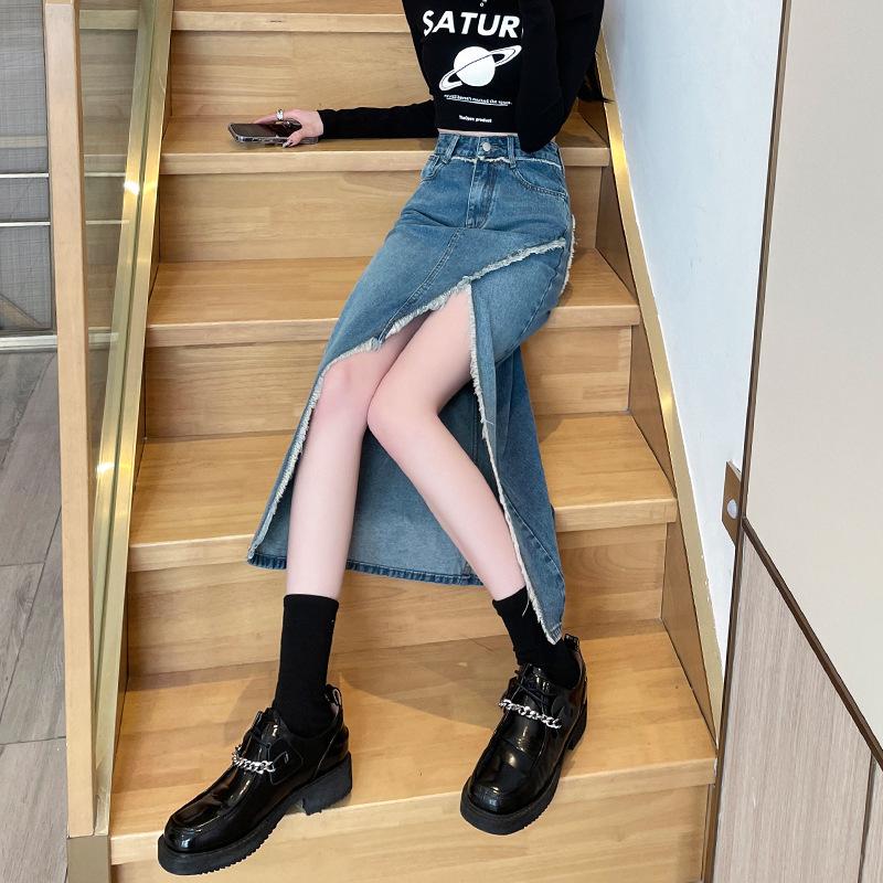 Необработанный край Дизайн А-силуэта Женская Нестандартная Винтажная Высокая Талия Разрез Пакет Бедра Средней Длины Юбка Универсальная Удобная Модная Джинсовая Юбка-Бюстье