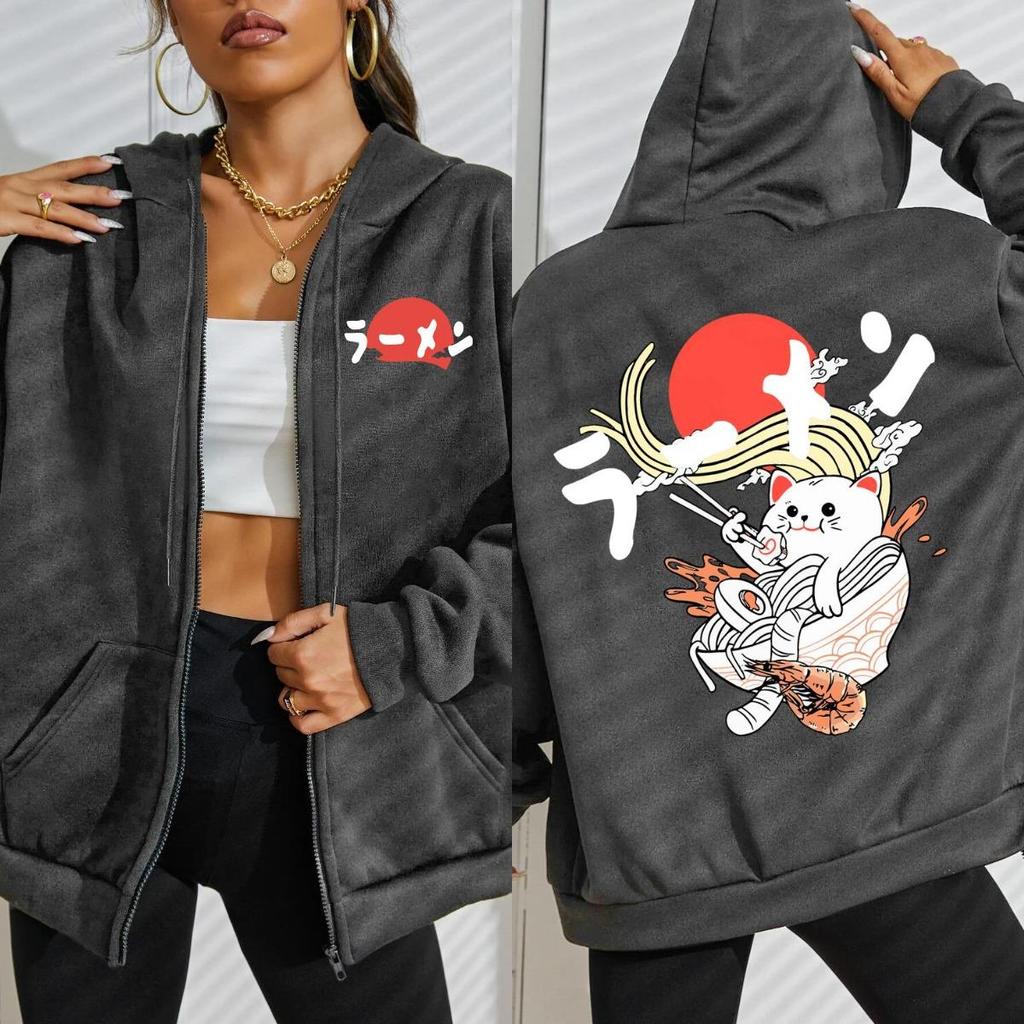 Японский Вкусный Лапша Кошка Принты Толстовка на молнии Женская Уличная Флисовая Худи Модная Спортивная одежда Осень Свободная Спортивная одежда