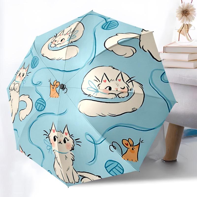 1PC Cats Yarn Automatic Folding Umbrella Portable Collapsible 8-Rib Umbrella for All Seasons, Casual Outdoor Accessory, A23