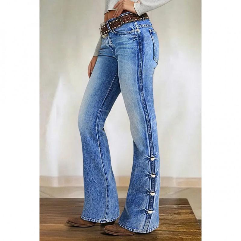 High Waist Flared Jeans With Side Button Detail Stretch Slim Fit Denim Pants Women