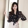Floral Chiffon Shirt Blouse Female Korean Version 3/4 Sleeve Shirt Fashion Small Shirt Top Elastic Cuffs