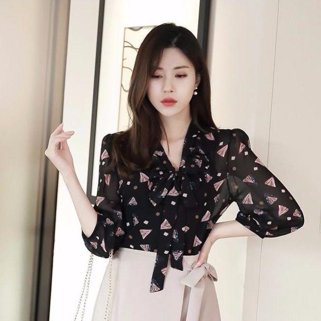 Floral Chiffon Shirt Blouse Female Korean Version 3/4 Sleeve Shirt Fashion Small Shirt Top Elastic Cuffs