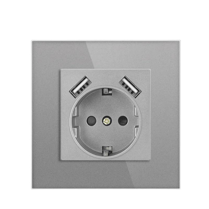 Сенсорный выключатель света из серого закаленного стекла европейского стандарта с разъемом USB C, настенный выключатель 220 В вкл./выкл., круглая нижняя коробка с двумя розетками
