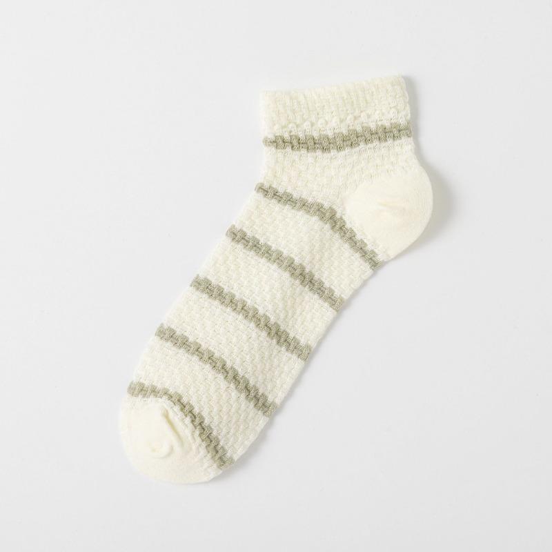 Женские летние хлопковые полосатые дышащие маленькие свежие кружевные носки-лодочки с пузырчатым краем