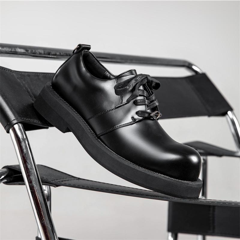Niche Leather Big Head Derby Shoes Men's Black Round Head Platform Small Leather Shoes Heightening Versatile Commuter Trendy Shoes