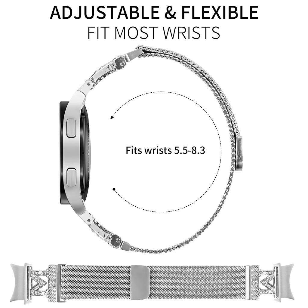 Металлический ремешок с коннектором для Samsung Galaxy Watch 5 Pro/5/5 Active/4/4 Active/4 Classic M-типа миланский серебристый ремешок для часов с украшением из стразов