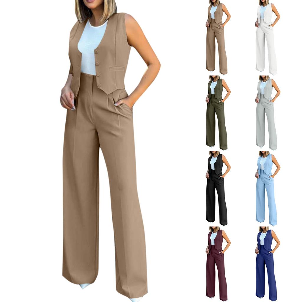 Women's Fashion Casual Suit Vest Sleeveless Wide-leg Pants Casual Suit