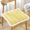 Thin Seat Pad for Home Cotton Linen Chair Pad, Striped Plaid Dining Mat with Lace Trim, Rustic Style Breathable Ties Office Barstool Non Slip Kitchen