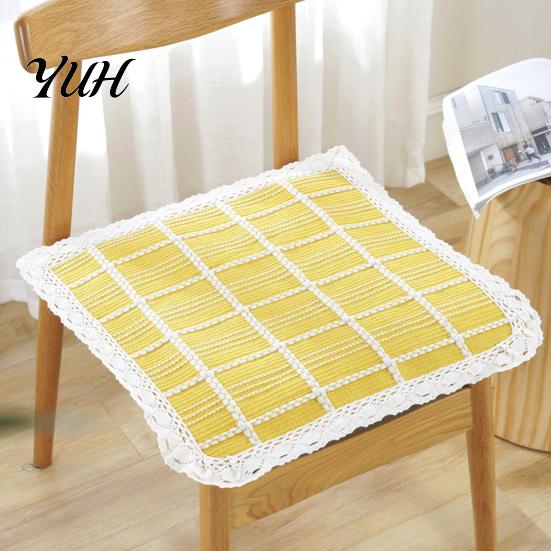 Thin Seat Pad for Home Cotton Linen Chair Pad, Striped Plaid Dining Mat with Lace Trim, Rustic Style Breathable Ties Office Barstool Non Slip Kitchen
