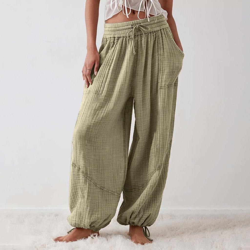 Женские модные свободные однотонные повседневные брюки с эластичной резинкой на талии и карманами