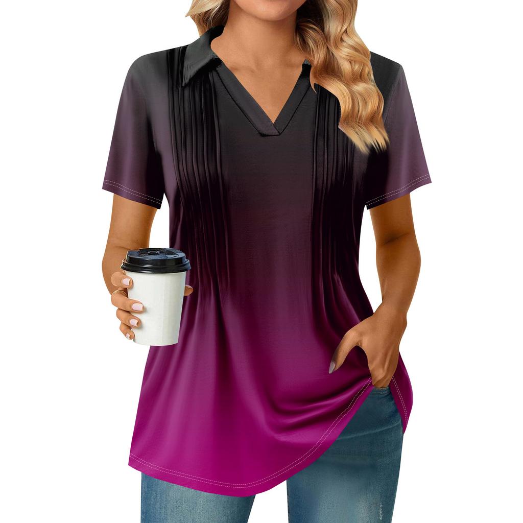 Женские футболки с коротким рукавом, плиссированные, с V-образным вырезом, с принтом, с воротником, летние топы, модные, деловые, повседневные, рабочие