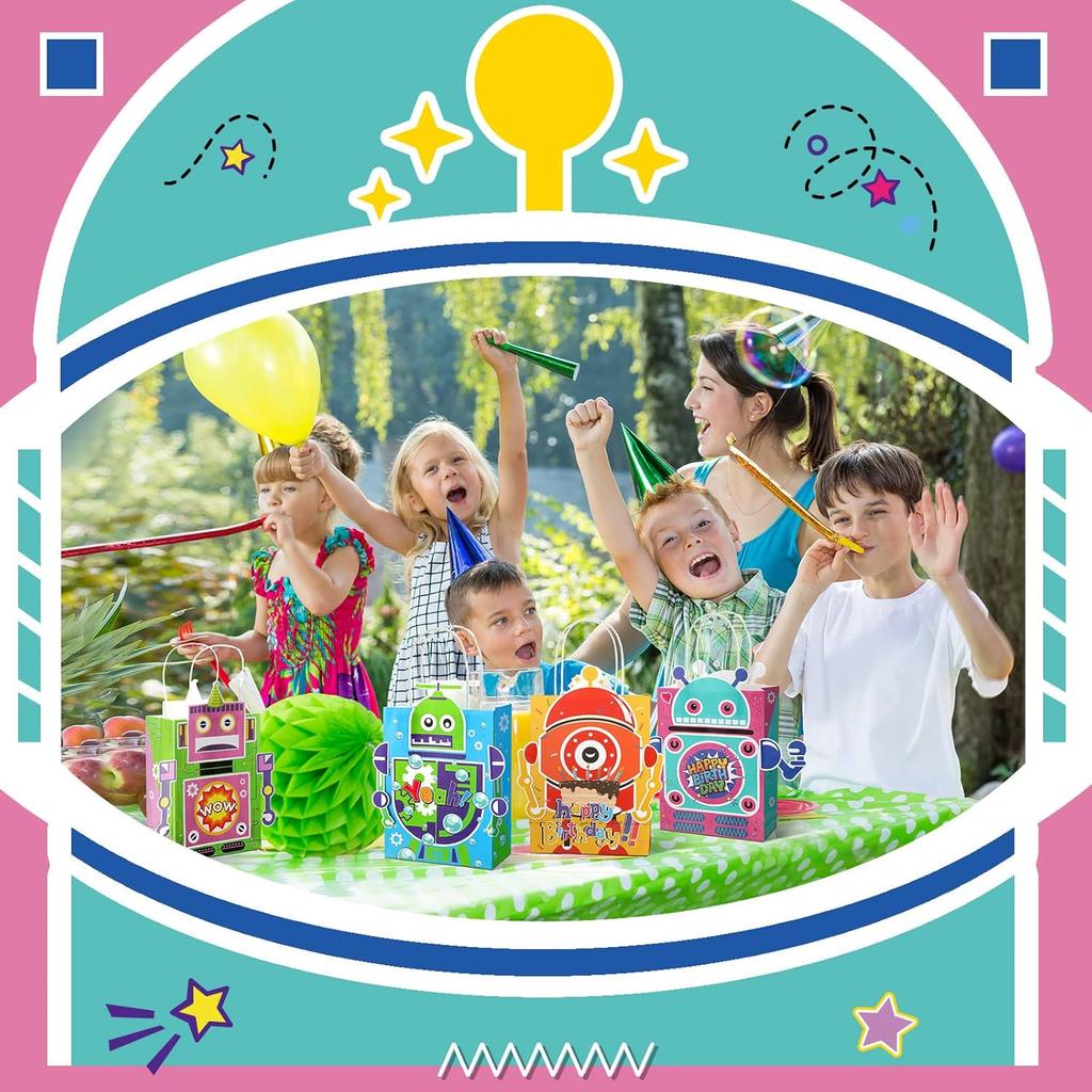 24 Pcs Robot Party Supplies Candy Gift Bags, Robot Goodie Gift Treat Bags, Kids Candy Treat Bags with Handle for Robot Themed Birthday Party