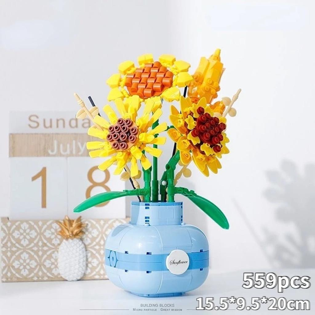 Building Block 3D DIY Eternal Sunflower Bouquet Romantic Rose Plant Potted Decoration Bricks Valentine's Day Girls Friends Gifts