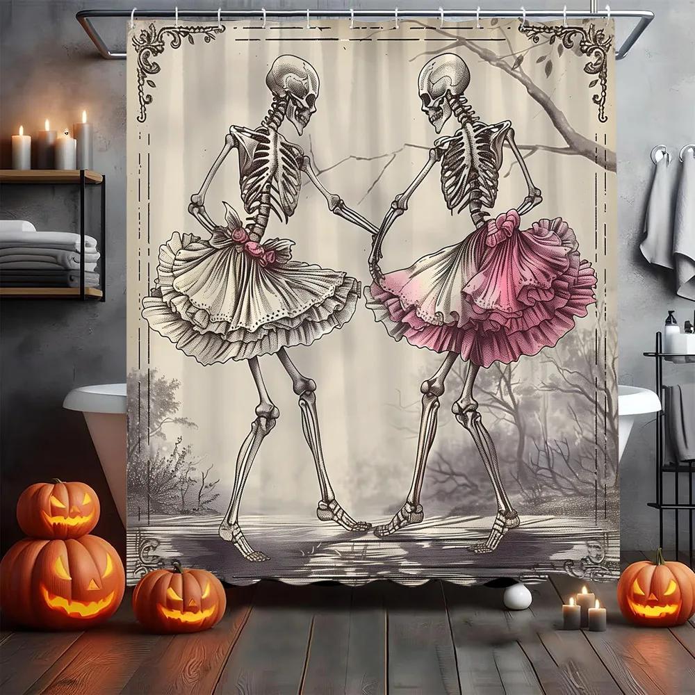 Gothic Skull Skeleton Shower Curtain Halloween Vintage Spooky Funny Black Rose Bone in Bathtub Retro Floral Unique Bathroom Deco