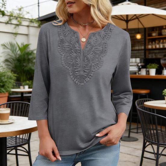 Женские топы с рукавом три четверти, V-образным вырезом, с узором из ажурной вышивки, свободного кроя, повседневная блузка, для повседневной носки