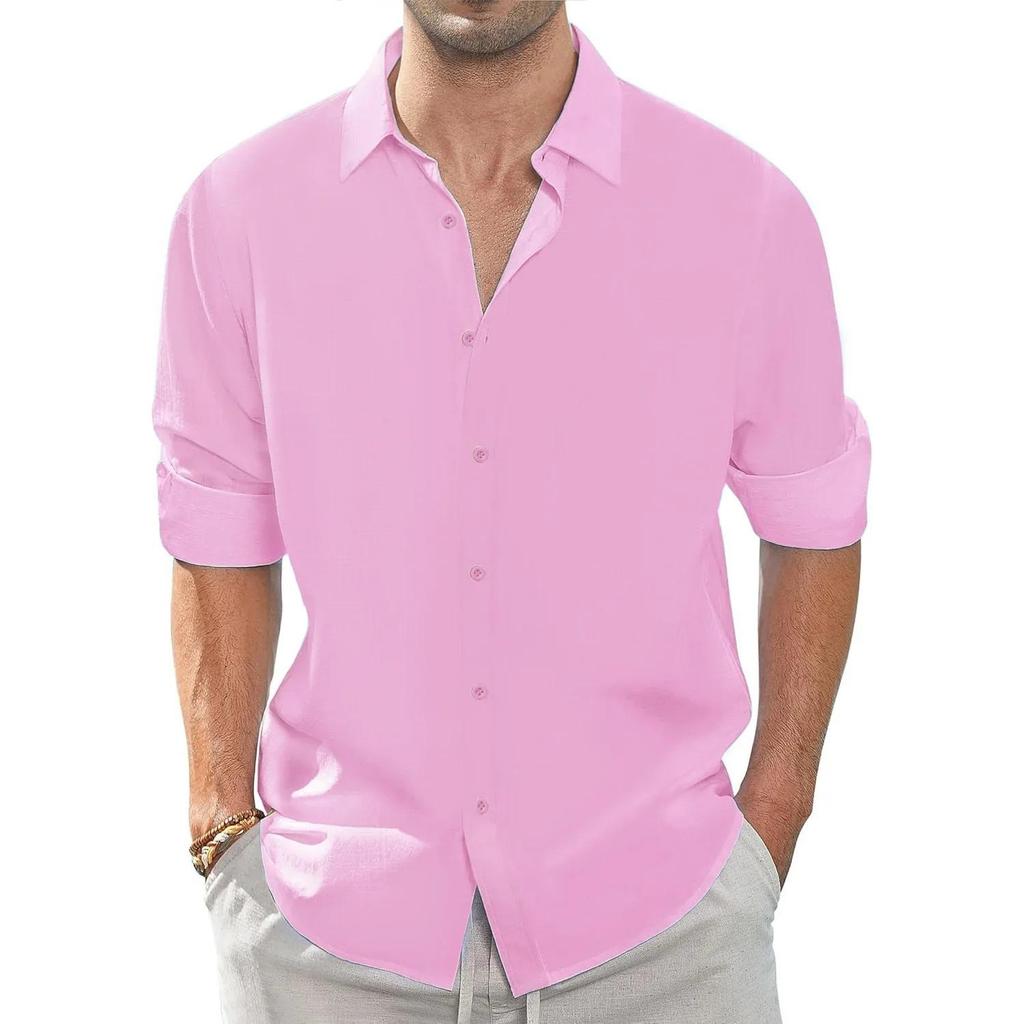 Осень Новая Мужская Рубашка Повседневная Хлопок Лен Дышащая Базовый Стиль Однобортная Мужская С Лацканами Верх