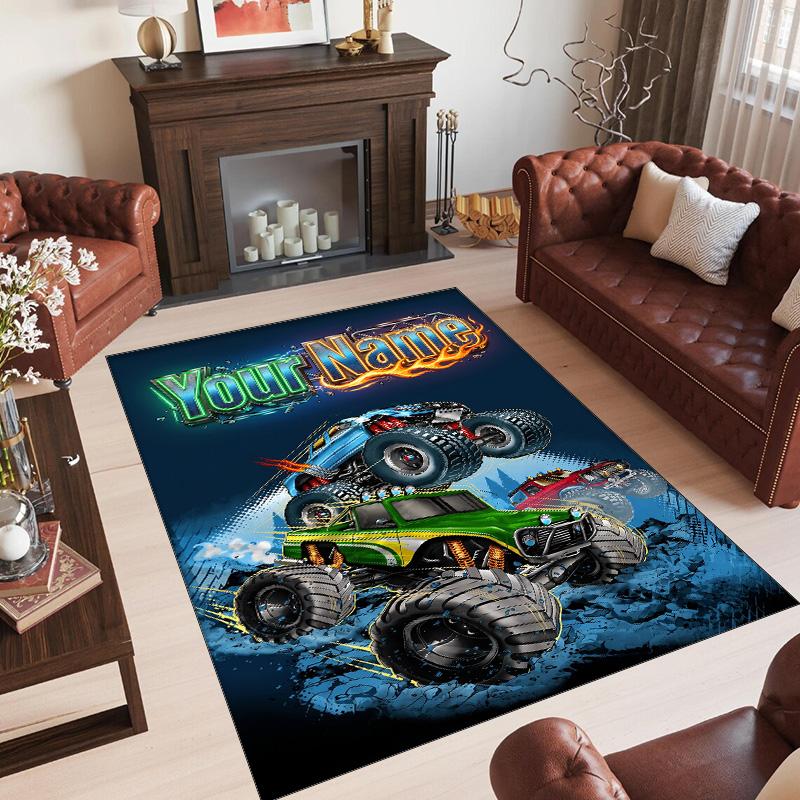 Monster Truck Theme Crystal Velvet Rug Personalized Custom Name Text Soft Floor Mat Home Decor