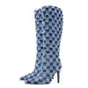 Pointed Toe Slim Heel High Fashion Boots Women Denim Fringe Back Zipper Designer Boots for Women Long Knee Cowboy Boots
