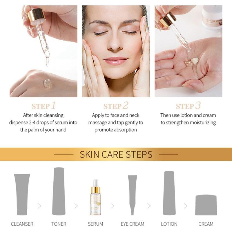 24K Gold Snail Serum Увлажняющая укрепляющая кожа Осветляющая тонкие линии Антивозрастная питательная сыворотка для лица