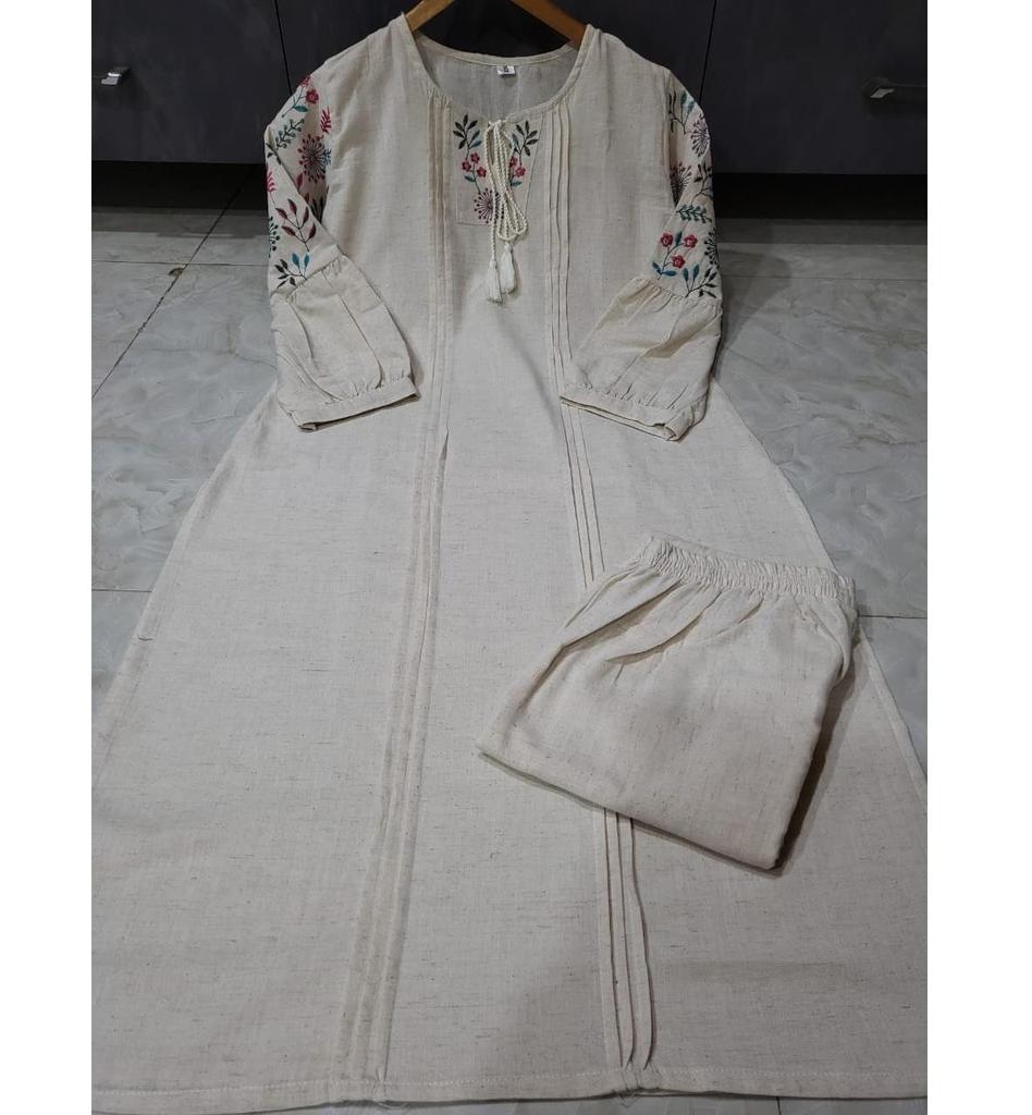 Индийский дизайнерский льняной хлопковый комплект курта и брюки для женщин, болливудский топ, туника, вышитое платье-курти