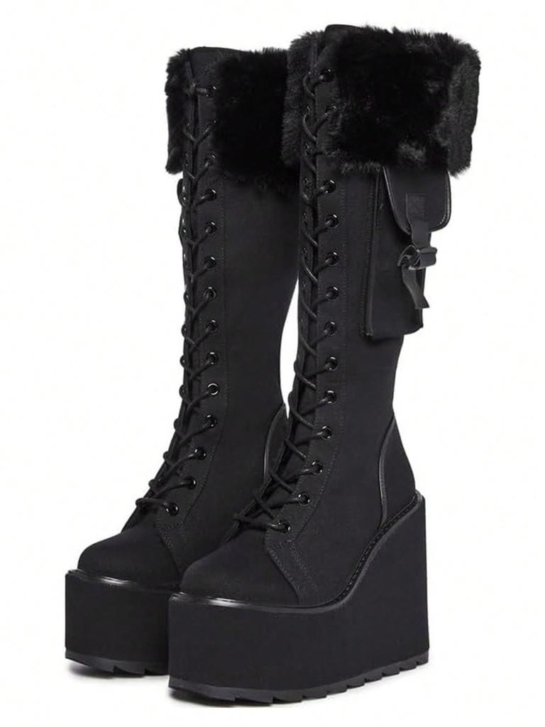 Панк Готика Женские Боевые Ботинки Массивный Клиновидный Каблук Мех До Середины Икры Платформа Роскошные Зимние Туфли Женщина Хэллоуин