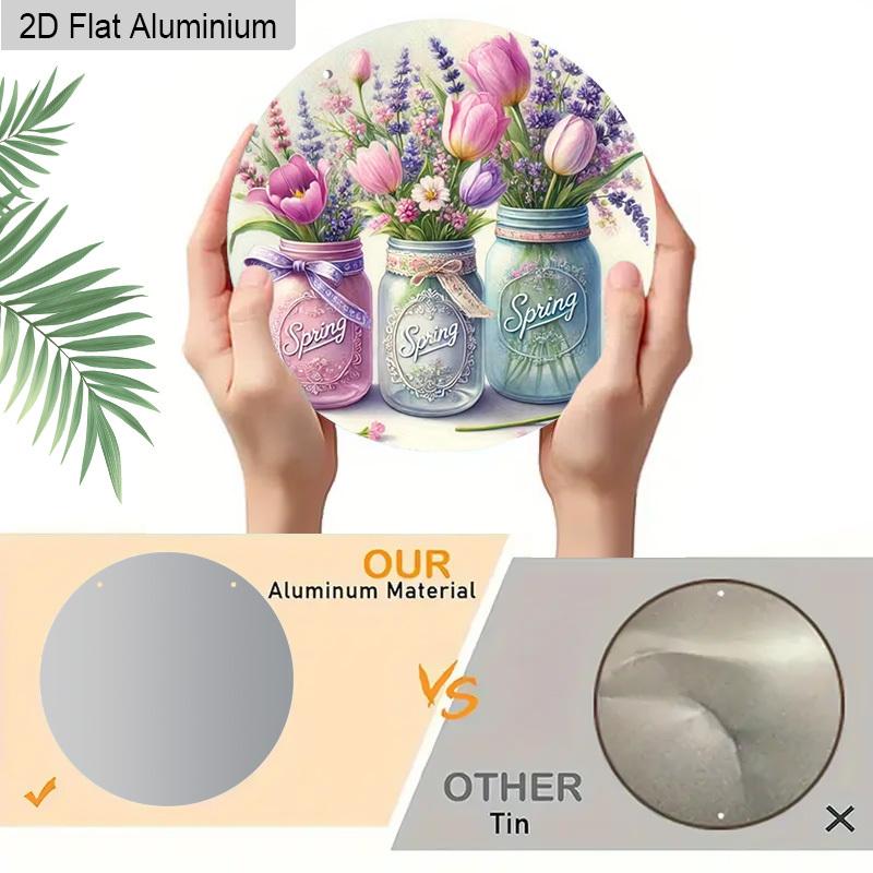 2D Flat 1pc Spring Pastoral Vase Aluminum Sign Round Decorative Hanging Ornament, Home Kitchen Garden Balcony Fence Decor, Gardening Studio Decor