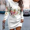 Women Fall Winter Sweartshirt Dress Flower Print Round Neck Long Sleeve Loose Pullover Thick Warm Mid Length Elastic Cuff Lady Spring Mini Dress
