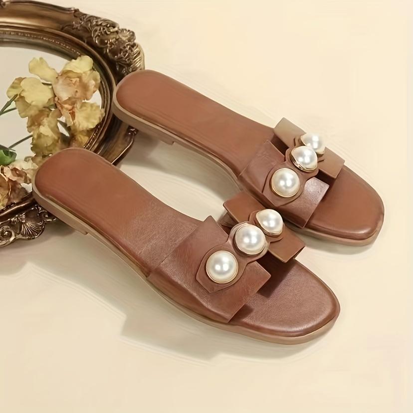 Женские тапочки на плоской подошве из искусственного жемчуга, модные нескользящие однотонные шлепанцы с открытым носком, универсальные уличные тапочки