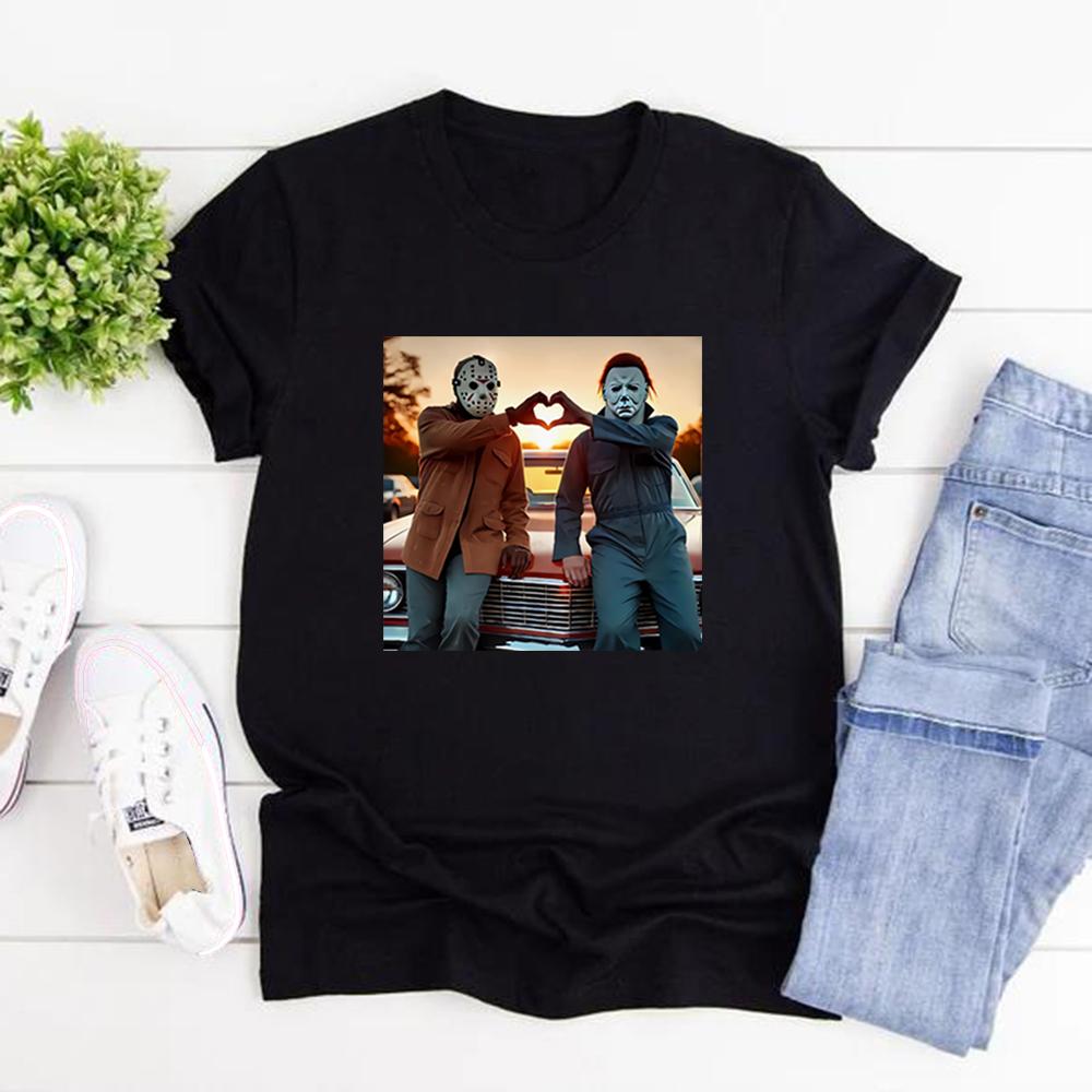 90s Horror Movie T Shirt Michael and Jason Heart Hands TShirts Unisex Graphic T Shirts Funny Halloween Tshirt Halloween Gifts