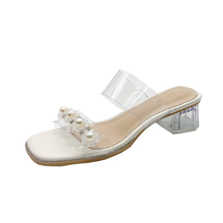 Большие прозрачные босоножки женские на высоком каблуке 2024 года, новый средний каблук, модная универсальная верхняя одежда на толстом каблуке, со стразами, классные тапочки