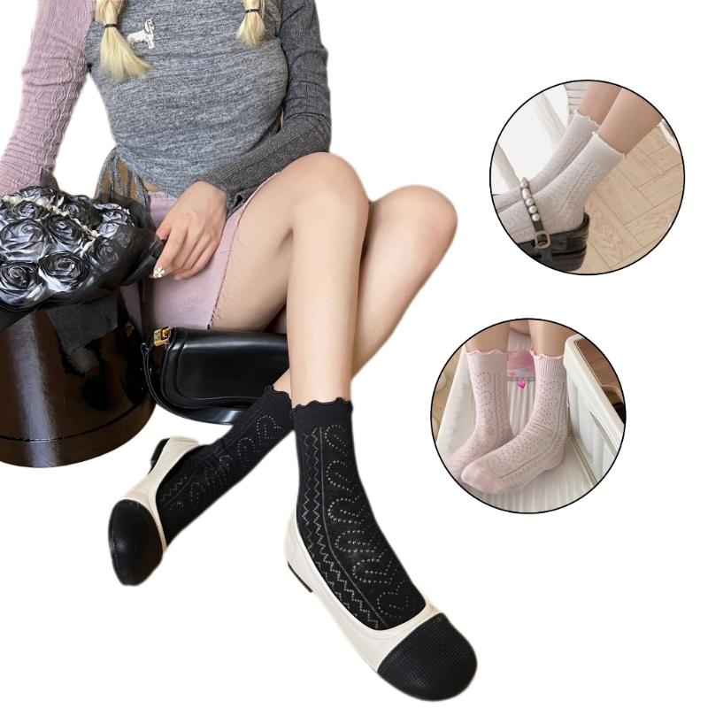Womens Eyelet Crew Socks, Thin Comfort Breathable Dress Socks, Above Ankle Crew Socks for Womens Schoold Girl