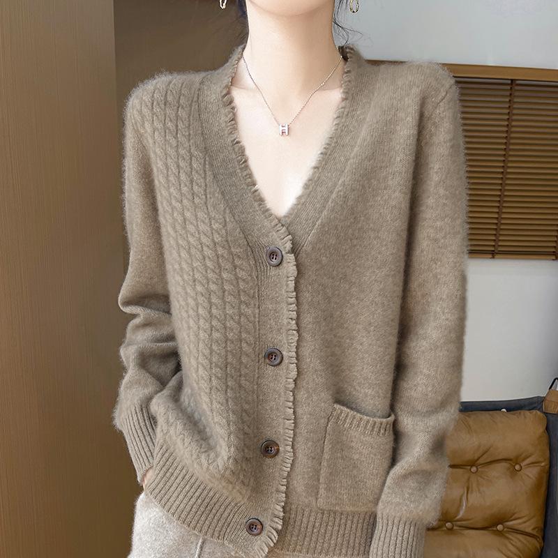 Женский кардиган из 100% шерсти с V-образным вырезом и бахромой - Мягкая вязка свободного кроя для весны и осени