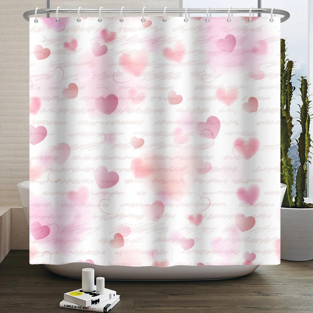 Happy Valentines Day Heart Shower Curtain Red Pink Romantic Falling Love Heart Sweet Lovers Waterproof Bathroom Curtain Decor