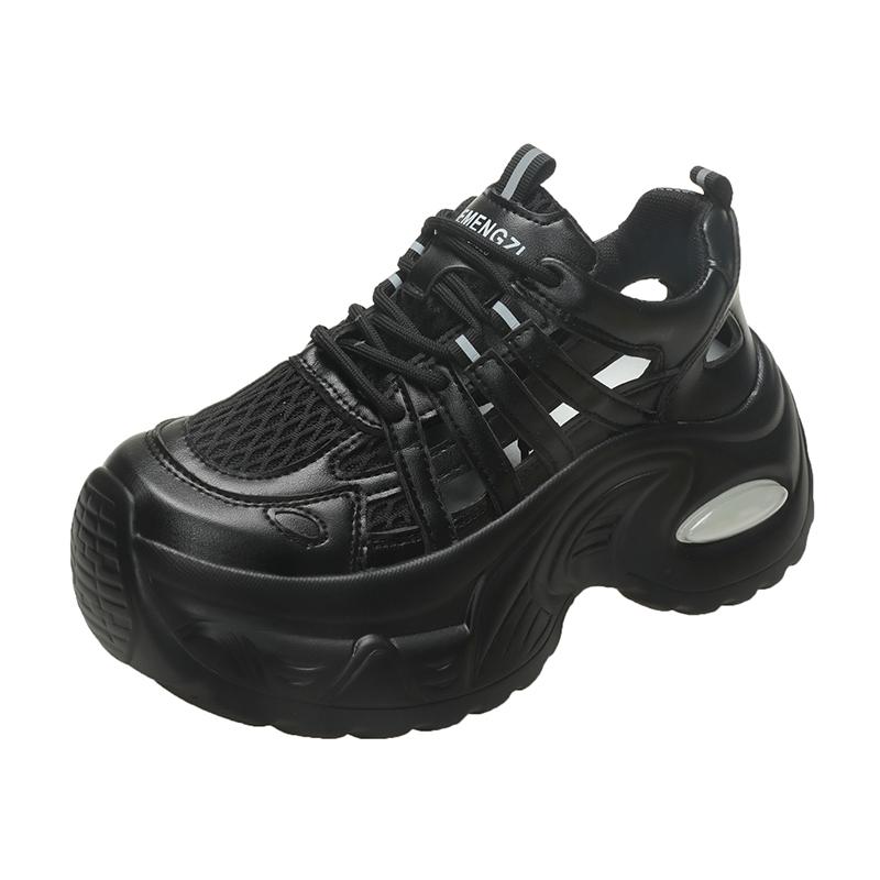 Модные 7,5 см Дышащие Полые Кожаные Женские Сандалии Вулканизированная Сетка Массивная Обувь Обувь на Платформе Высокие Каблуки Повседневные Летние Кроссовки