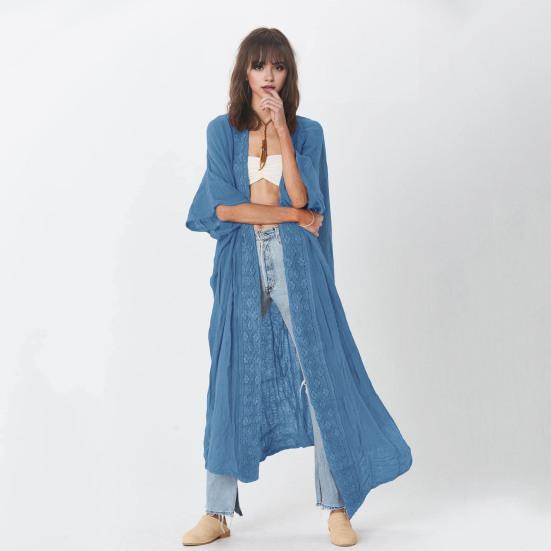Lady Beach Cardigan Sunscreen Anti-UV Long Sleeves Lace Bohemian Style Bikini Cover-up Thin Calf Length Vacation Daily Leisure Style Coat
