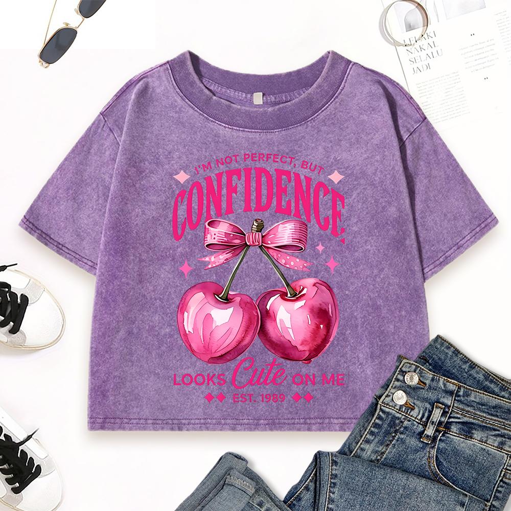 Confidence Looks Cute On Me Pink Cherry Print Women Washed T-Shirts Slim Cotton Tops Street Casual Sportswear T Shirt