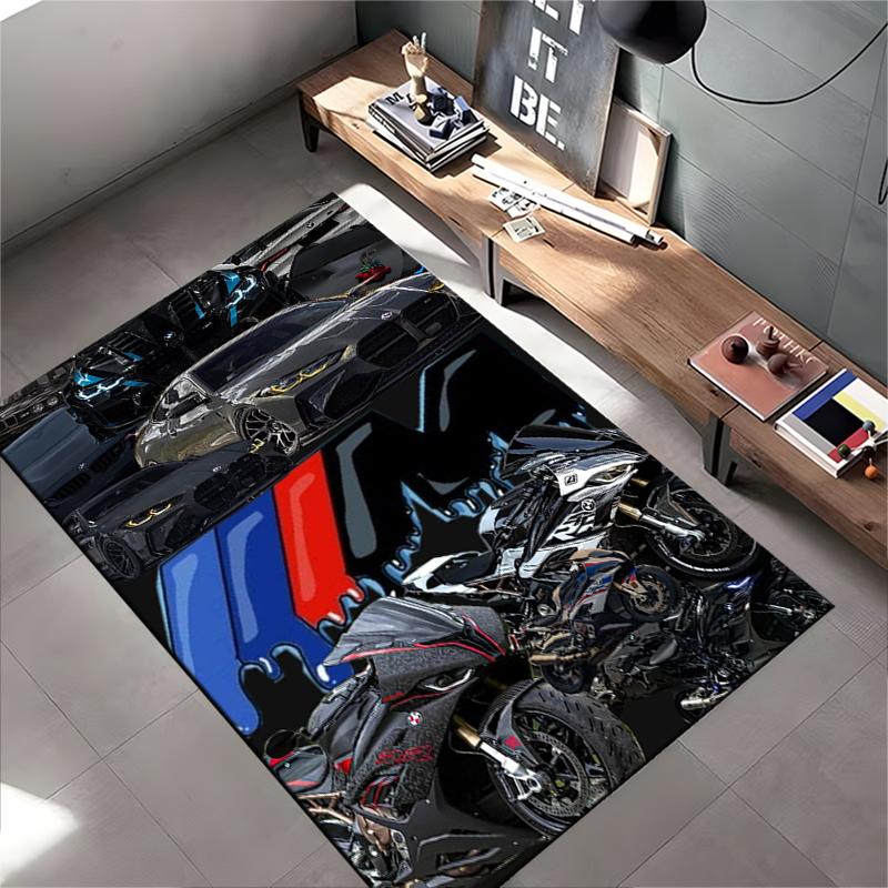Area Rug, BMW M Cars Motorcycles Collage M Logo Black Cars Bikes Print, Man Cave Decor, Non-Slip Mat