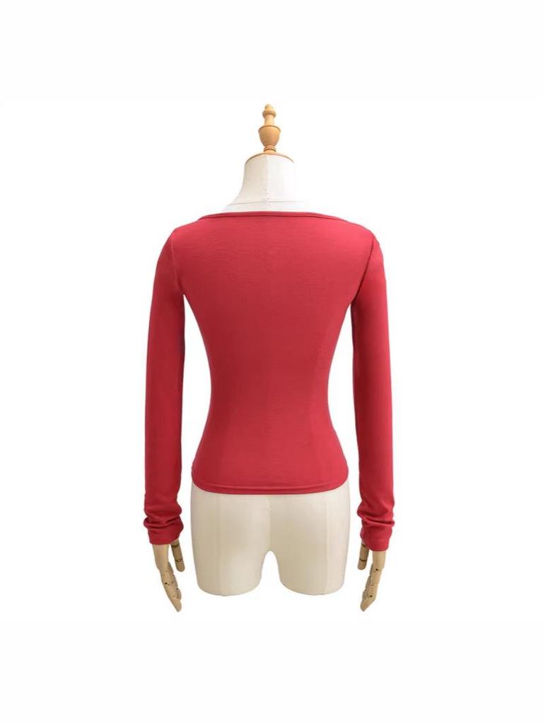 Korean Square Neck Slimming Long Sleeve T-Shirt with Chest Pads and Waist-Cinching Design for Women - Spring/Autumn